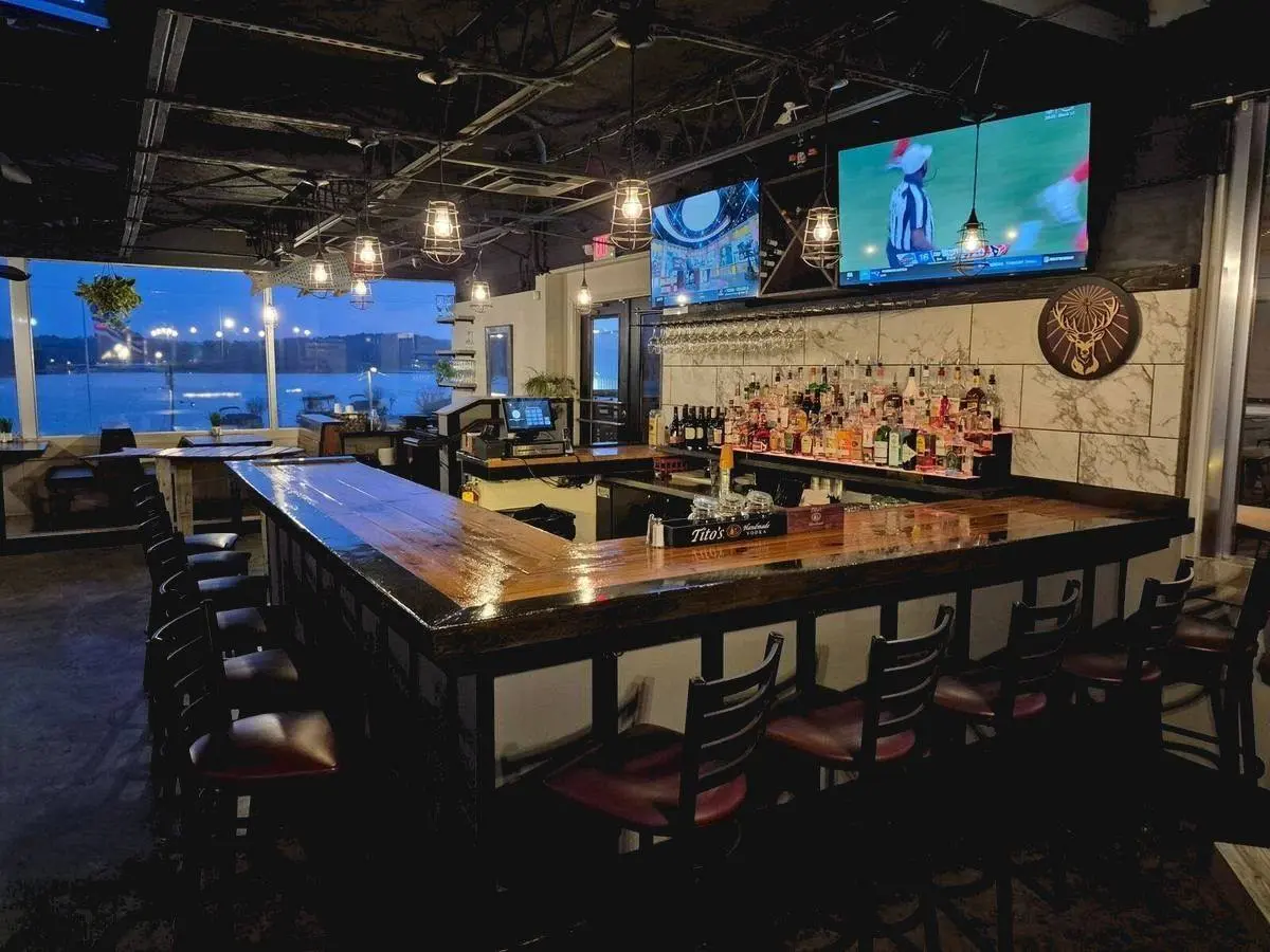 The bar at night with lake views