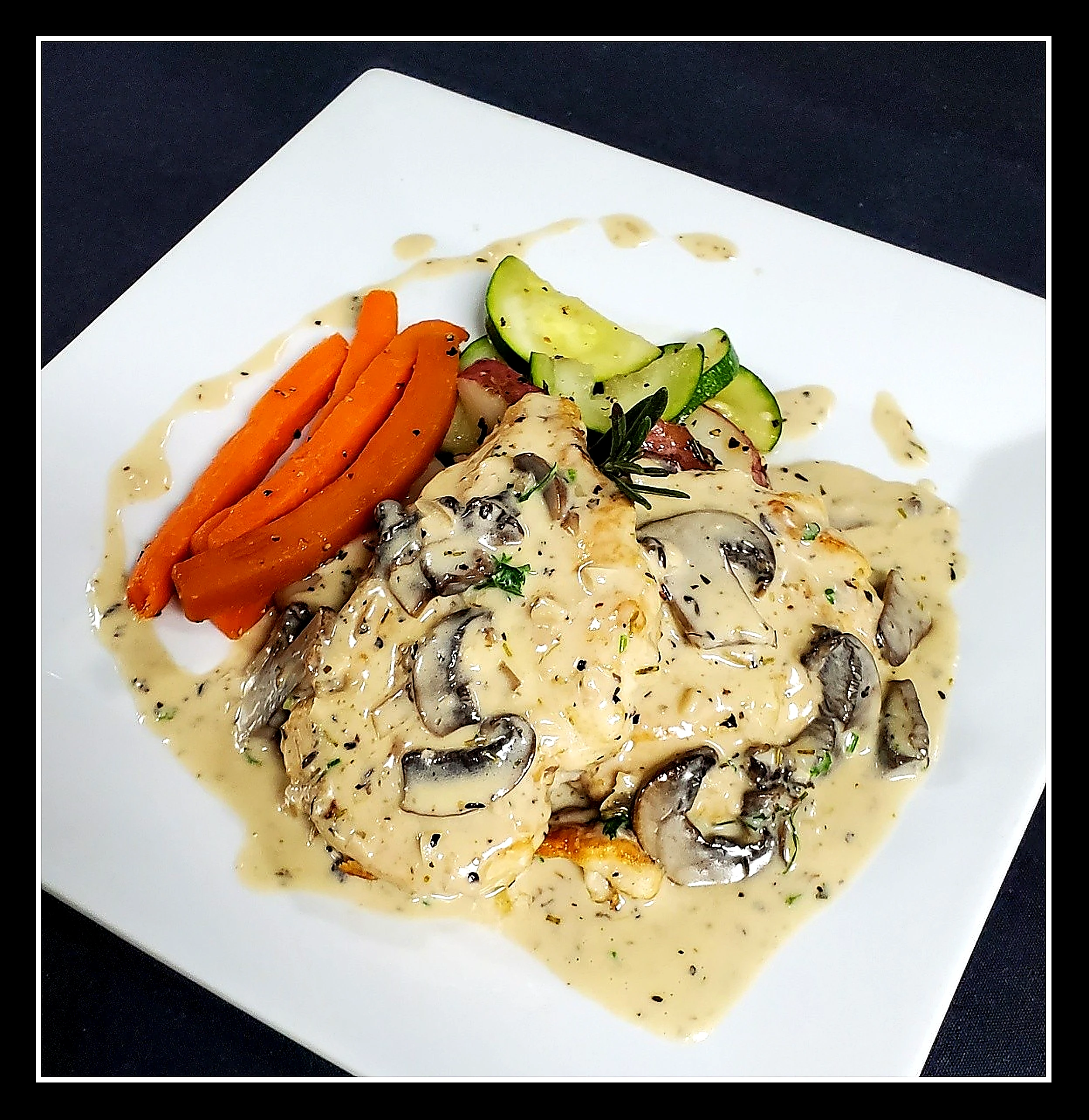 Mushroom Madeira Chicken with French potatoes and green beans