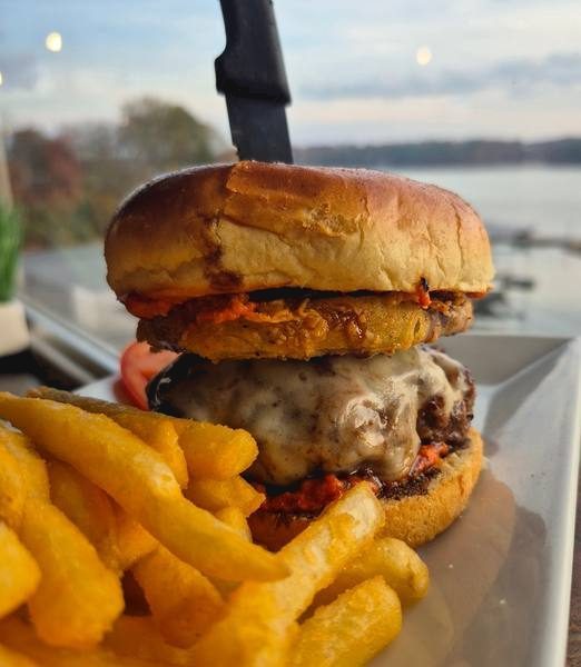 Fried Green Tomato Burger with lake view